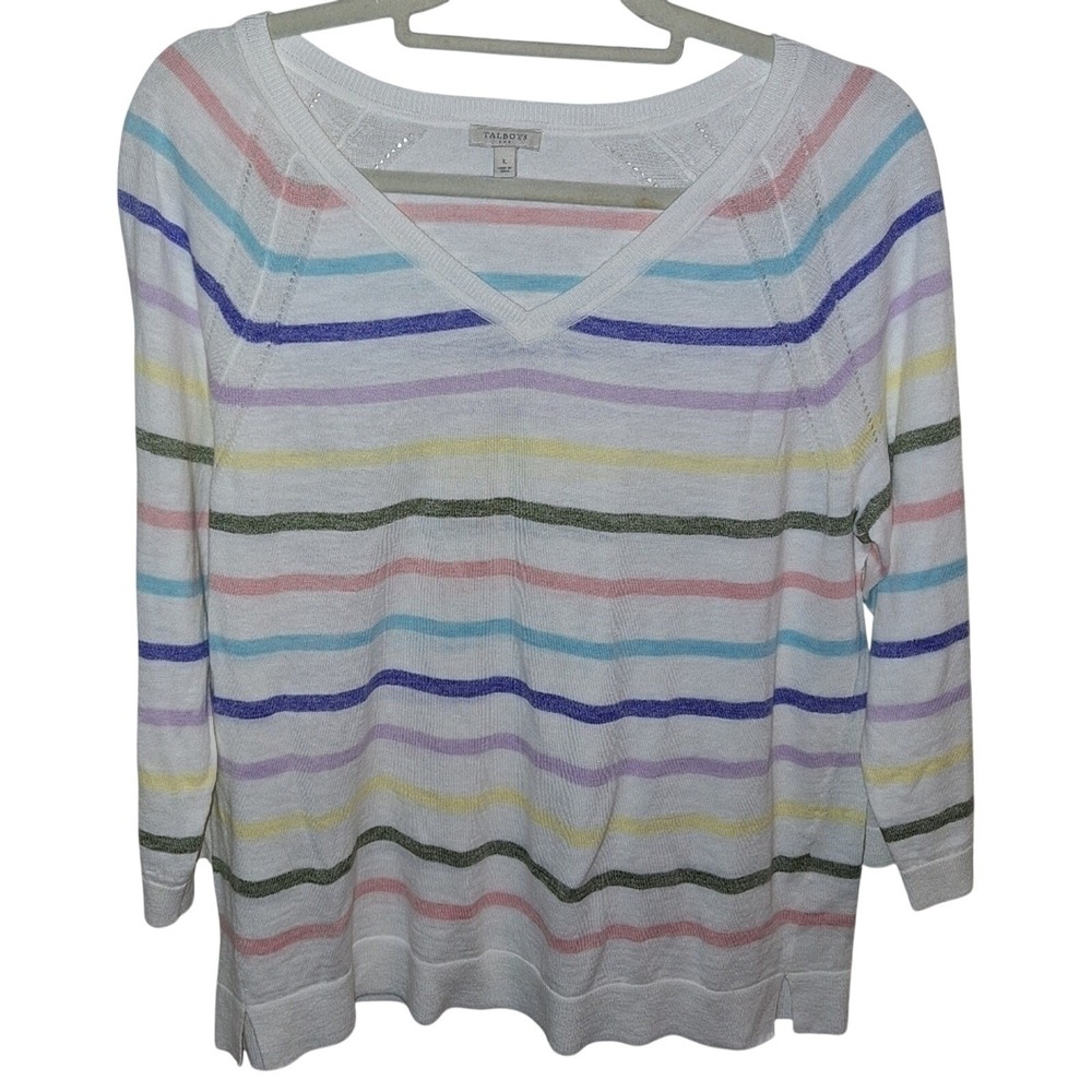Talbots Womens White Multi Color Striped Cotton V-Neck Sweater Size L Pointelle